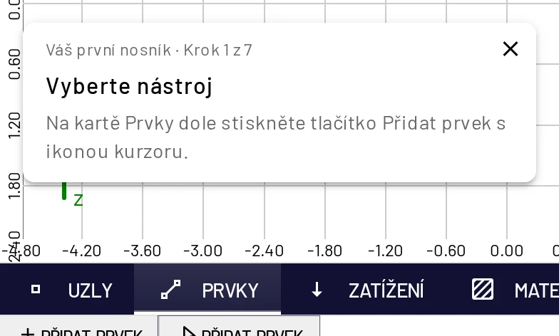 Nakreslit první nosník: karta průvodce zůstává při práci v rohu