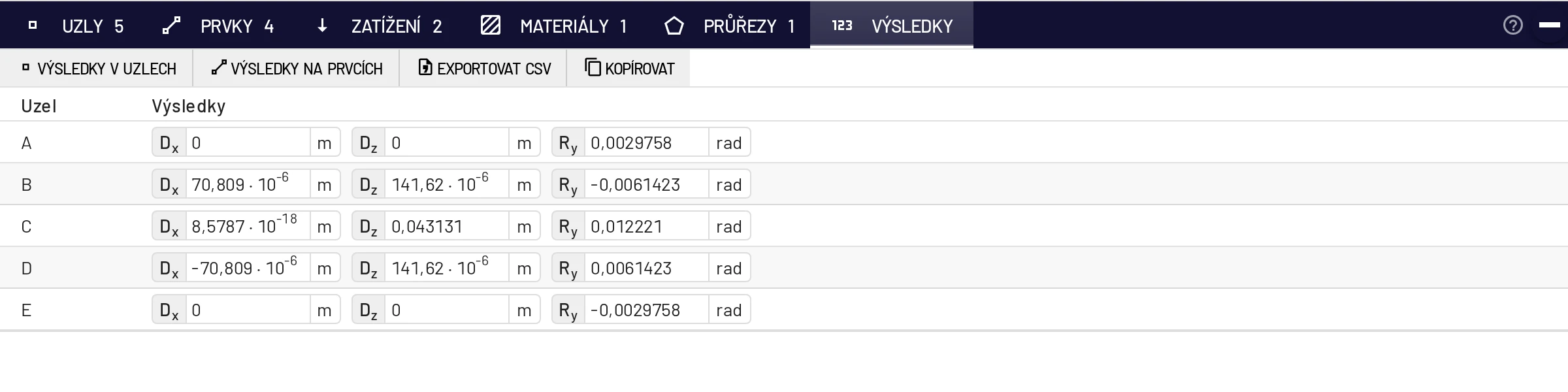 Výsledky v uzlech trojkloubového rámu (Formát čísel: Automatický)