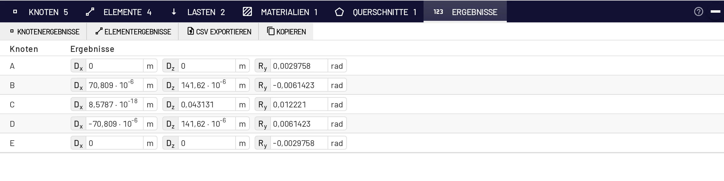 Knotenergebnisse des Dreigelenkrahmens (Zahlenformat: Automatisch)