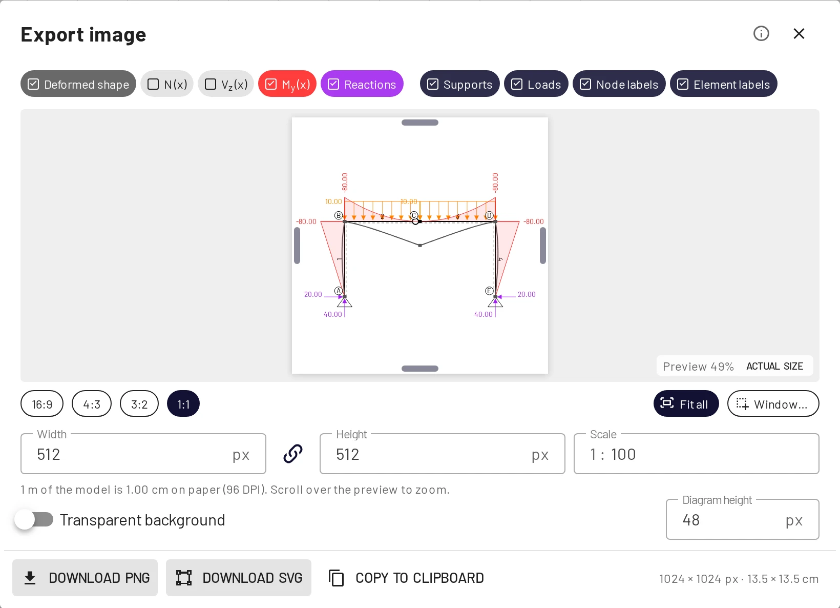 Export image: choose the layers, the frame and the size, then download or copy