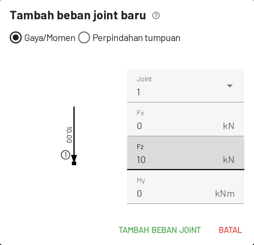 Tambah beban joint. Pratinjau menunjukkan arah saat Anda mengetik.
