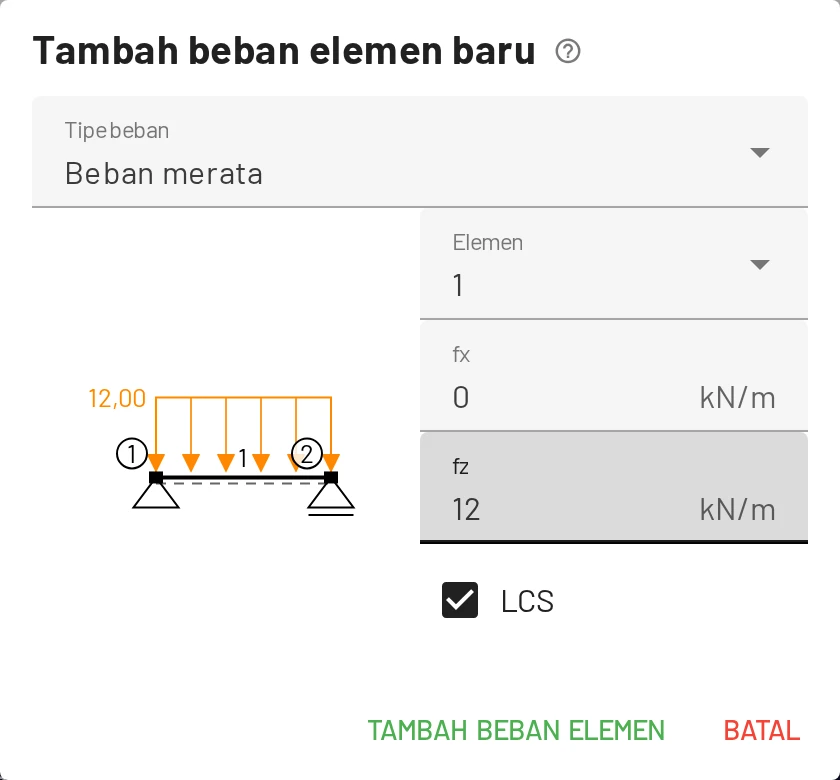 Dialog menampilkan pratinjau beban pada elemen