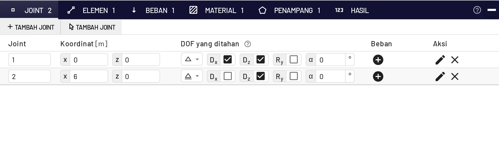 Tumpuan di tabel Joint: joint 1 sendi, joint 2 rol