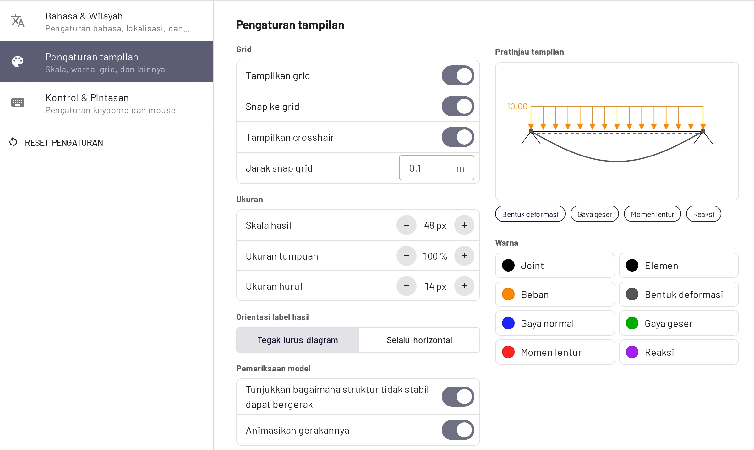 Pengaturan → Pengaturan tampilan, dengan pratinjau langsung di kanan
