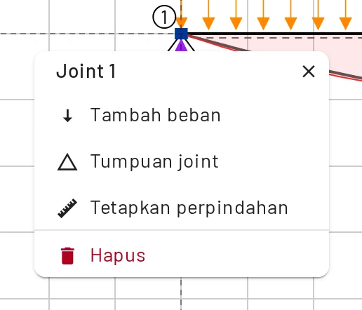 Joint: tambah beban, atur tumpuan, tetapkan perpindahan