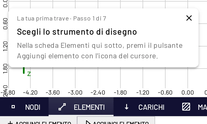 Disegna la tua prima trave: la scheda della guida resta nell'angolo mentre lavori
