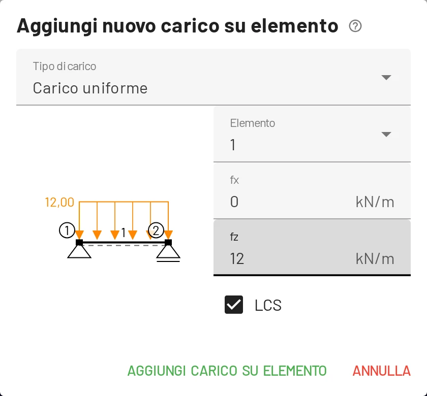 La finestra mostra un'anteprima del carico sull'elemento