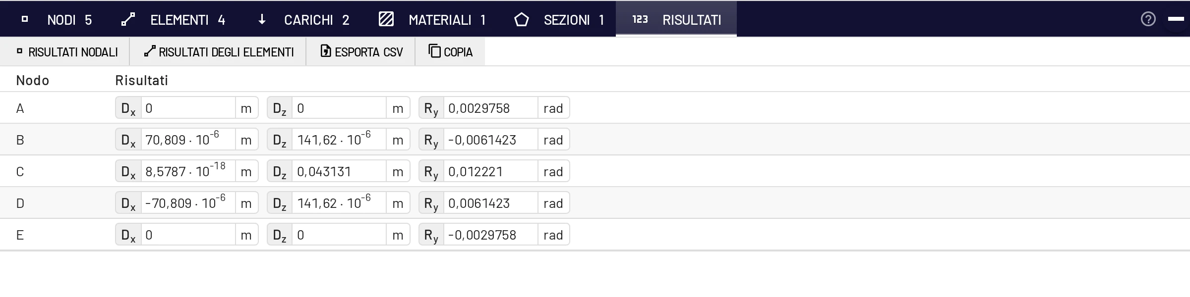 Risultati nodali del telaio a tre cerniere (Formato dei numeri: Automatico)
