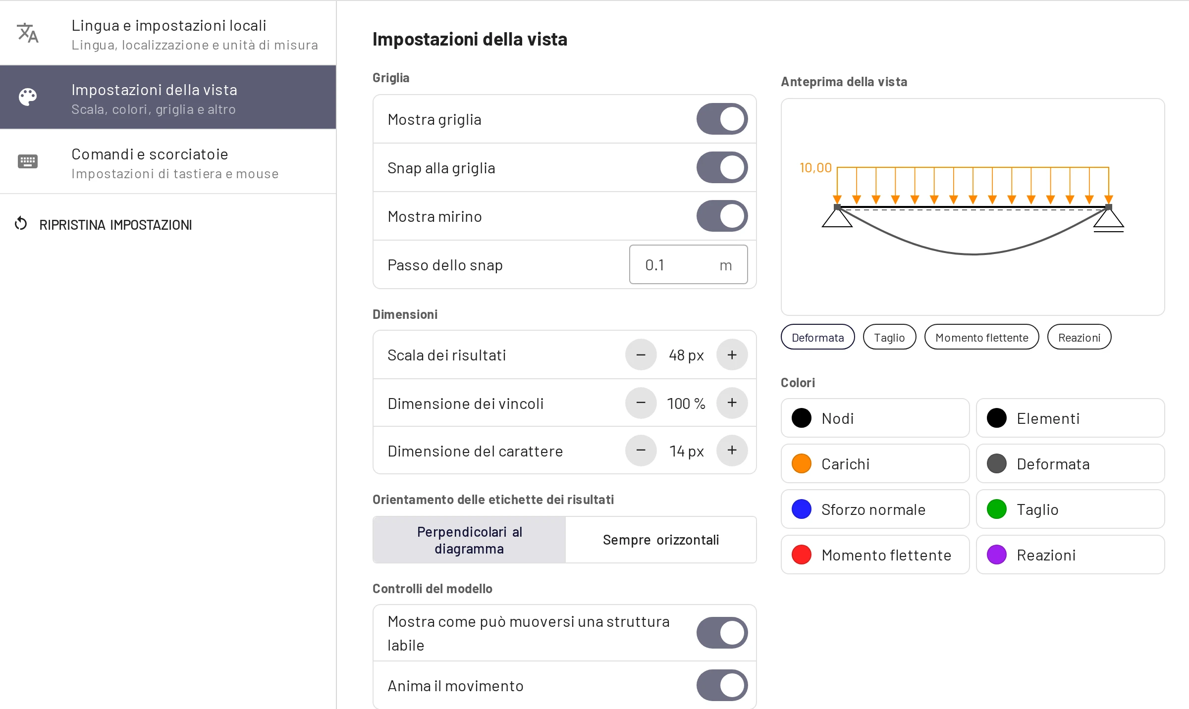 Impostazioni → Impostazioni della vista, con l'anteprima dal vivo a destra