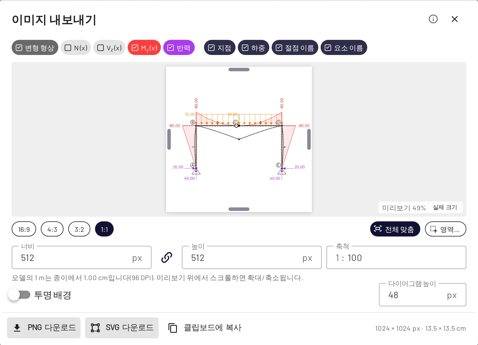 이미지 내보내기: 레이어, 영역, 크기를 고른 다음 다운로드하거나 복사합니다