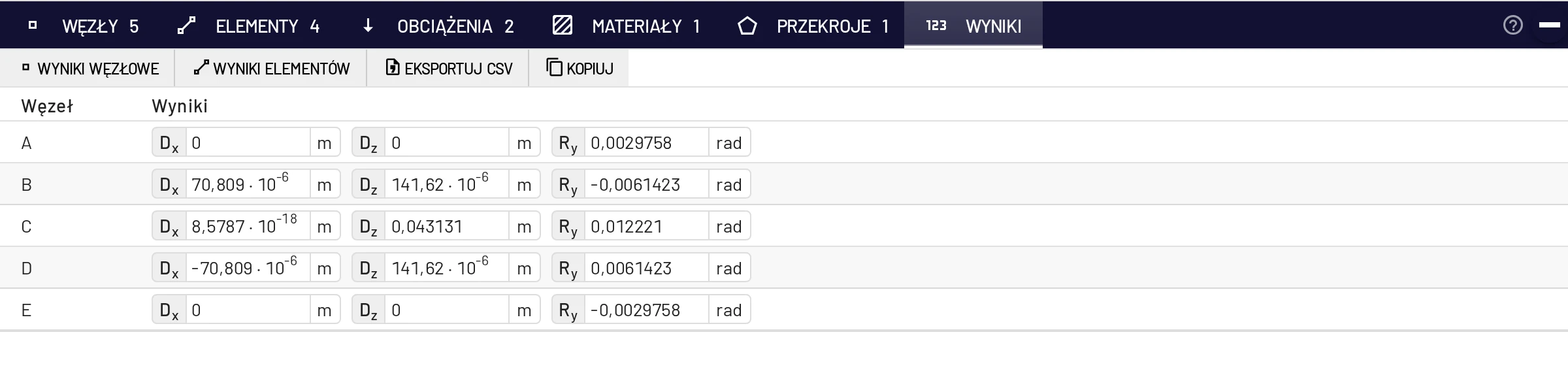 Wyniki węzłowe ramy trójprzegubowej (Format liczb: Automatyczny)