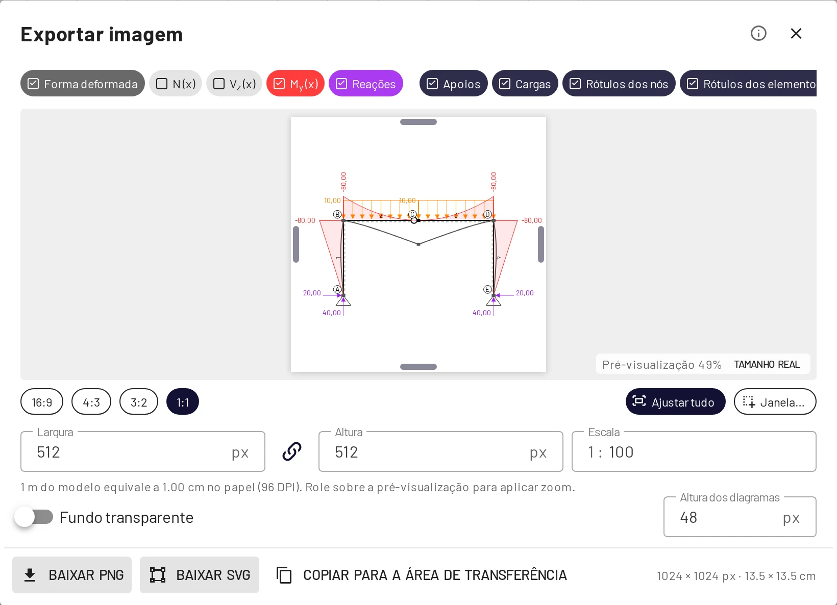 Exportar imagem: escolha as camadas, o enquadramento e o tamanho, depois baixe ou copie
