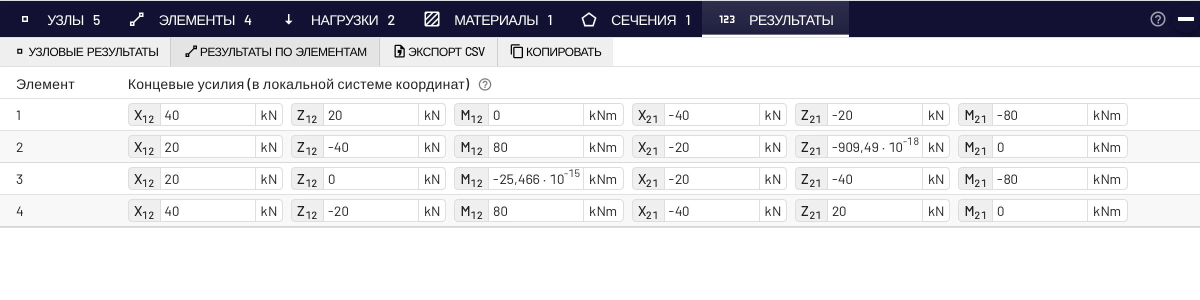 Результаты по элементам трёхшарнирной рамы