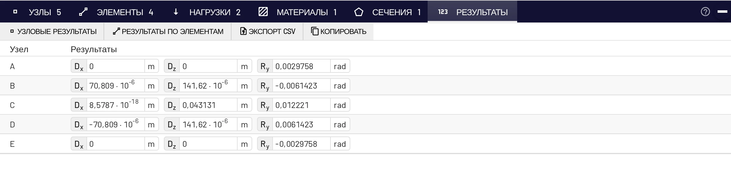 Узловые результаты трёхшарнирной рамы (формат чисел: автоматический)