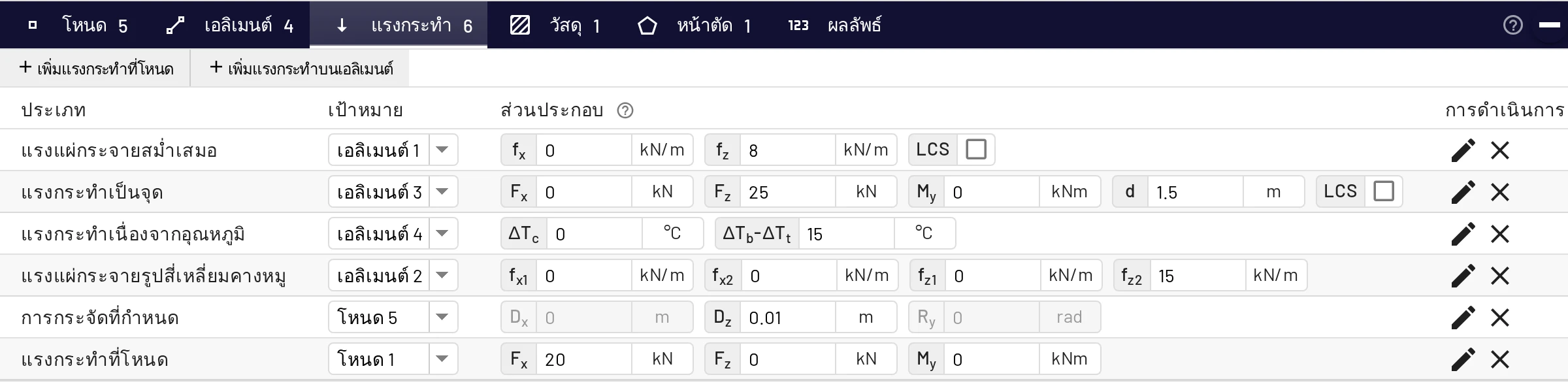 แท็บแรงกระทำ: หนึ่งแถวต่อหนึ่งแรงกระทำ แก้ไขส่วนประกอบได้ในที่