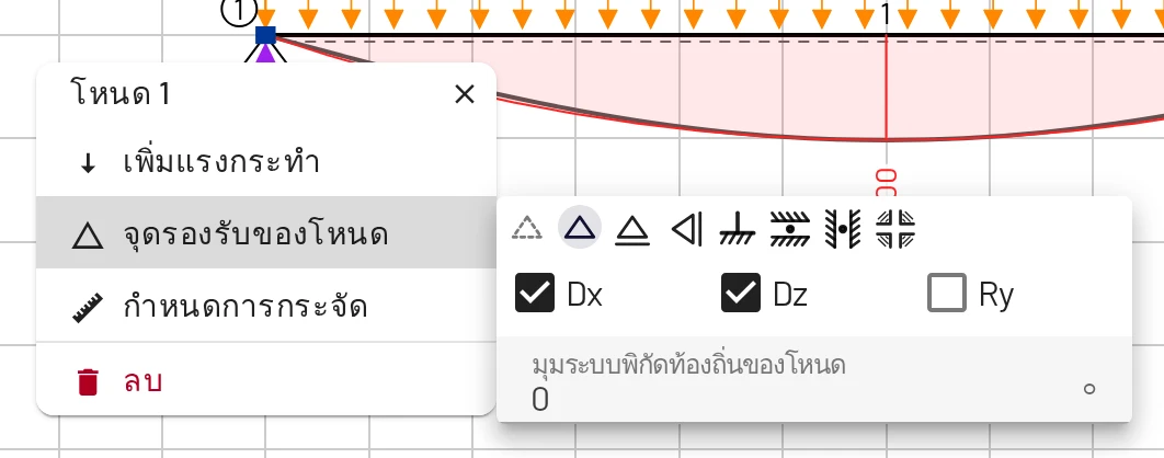 จุดรองรับของโหนด: เลือกสัญลักษณ์ หรือติ๊ก DOF และกำหนดมุมจุดรองรับ