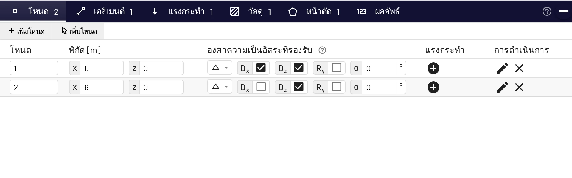 จุดรองรับในตารางโหนด: โหนด 1 เป็นหมุด โหนด 2 เป็นล้อเลื่อน