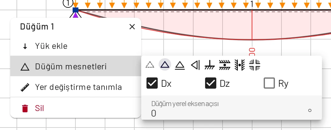Düğüm mesnetleri: bir sembol seçin veya serbestlik derecelerini işaretleyin ve mesnet açısını girin
