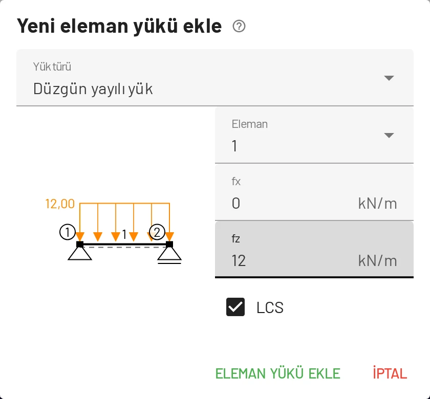 Pencere, yükün eleman üzerindeki önizlemesini gösterir