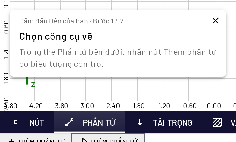 Vẽ dầm đầu tiên: thẻ hướng dẫn nằm ở góc màn hình trong khi bạn làm việc