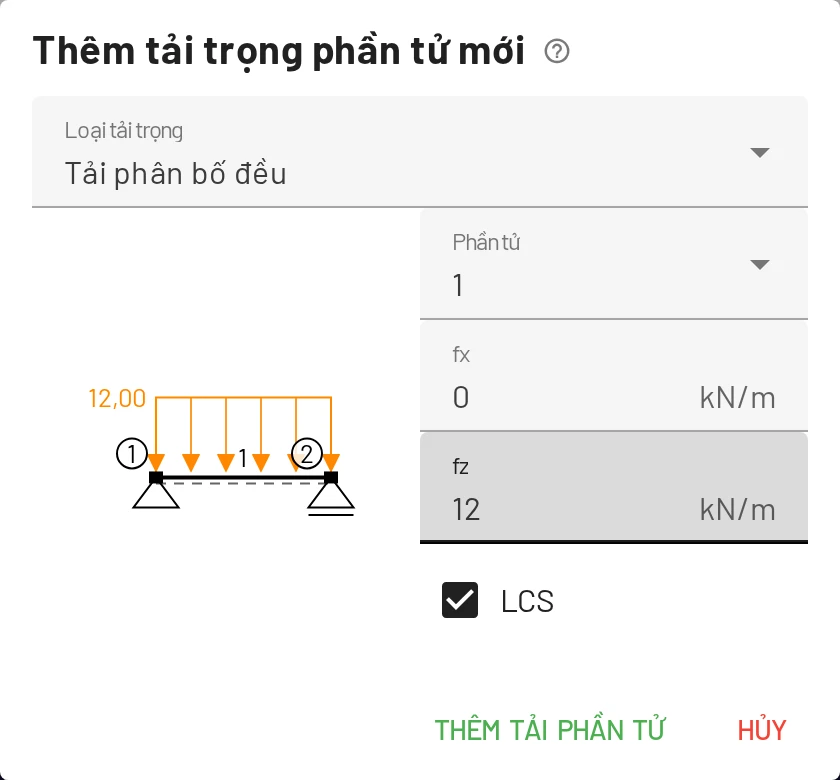Hộp thoại hiển thị trước tải trọng trên phần tử